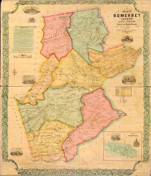 J. W. Otley, L. Van Derveer, and J. Keily. "Map of Somerset County New Jersey Entirely from Original Surveys" (Camden, N.J.: Lloyd Van Derveer, 1850) [Library of Congress]. Wall map, with ornamental border and added color,104 × 85 cm. Scale: 1 mile to 1.5 inches.