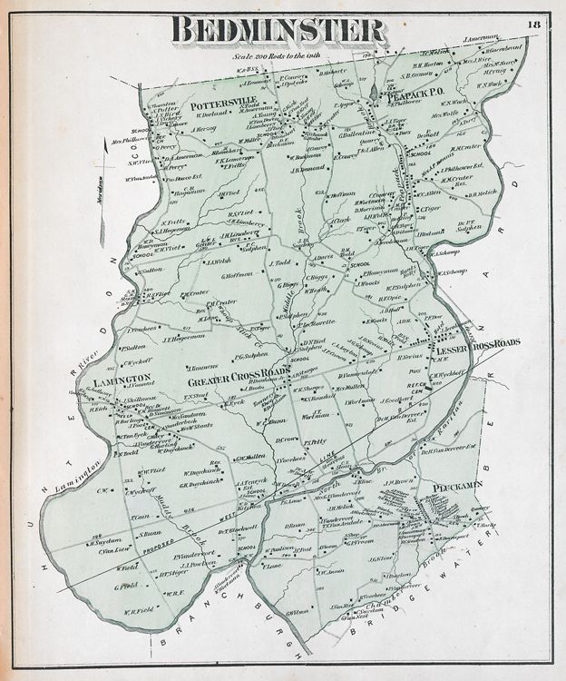 "Bedminster [Township]." Lithograph map, with added color, 34.4 × 28.1 cm. Scale: 200 rods to 1 inch.