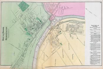 "Bound Brook and Bloomington." Lithograph map, with added color, 35.4 × 57.2 cm. Scale: 400 feet to 1 inch.