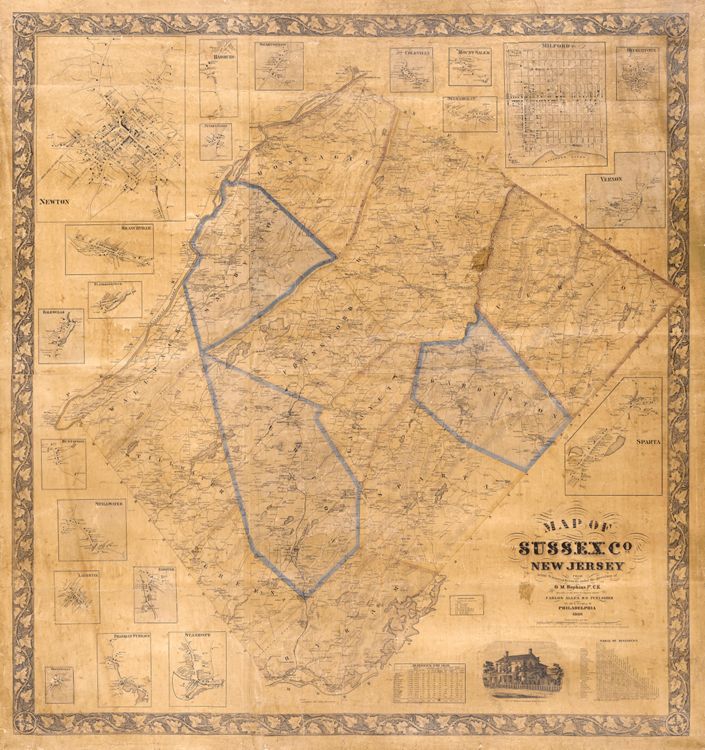 Griffith Morgan Hopkins, Jr. "Map of Sussex Co. New Jersey: From Actual Surveys & Records" (Philadelphia: Carlos Allen, 1860) [North Jersey History Center]. Wall map, with ornamental border and added color, 126.7 × 118.3 cm. Scale: 0.67 mile to 1 inch. "Founded on the State Geological Survey." [Used with permission of the North Jersey History Center, Morristown and Morris Township Library, Morristown, New Jersey.] (No county atlas was published.)