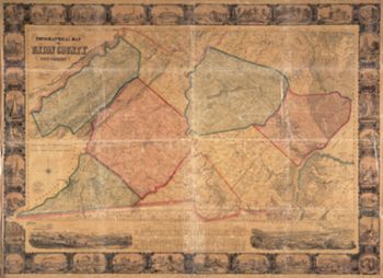 1862: County Wall Map. Ernest L. Meyer and P. Wetzel. 'Topographical Map of Union County, New Jersey' (New York: Ferd. Mayer & Co., 1862) [Huntington Library]. Wall map, with elaborate border and added color, 74 × 125 cm, on sheet 108 × 147 cm. Scale: 0.33 mile to 1 inch. [Used with permission of The Huntington Library, San Marino, California.]