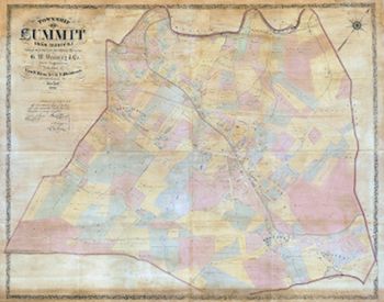1879: Township Wall Map. G. W. Bromley & Co. 'Township of Summit, Union County, N.J.: From Actual Surveys and Official Records' (New York: G. W. Bromley & E. Robinson, 1879) [Historic Maps Collection]. Wall map, with ornamental border and added color, 117.8 × 145.6 cm. Scale: 300 feet to 1 inch. One of three known institutional copies.
