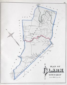 "Plan of Clark Township." Lithograph map, with added color, 43.2 × 34.1 cm. Scale: 1,500 feet to 1 inch.