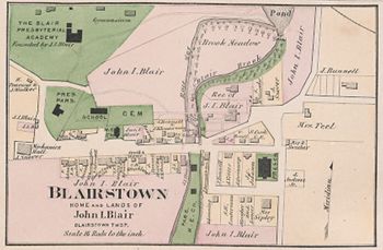 "Blairstown Home and Lands of John I. Blair." Lithograph map, with added color, 13.5 × 20.8 cm. Scale: 16 rods to 1 inch.